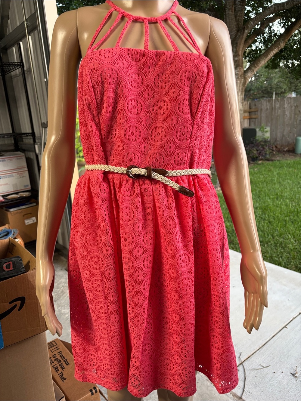 Women’s Crochet Halter Sundress in Coral